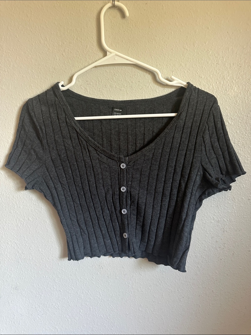 Charcoal Gray Ribbed Button-Front Crop Top